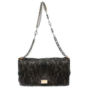 Pre Owned Dolce & Gabbana Black/Taupe Lace and Suede Miss Charles Shoulder Bag