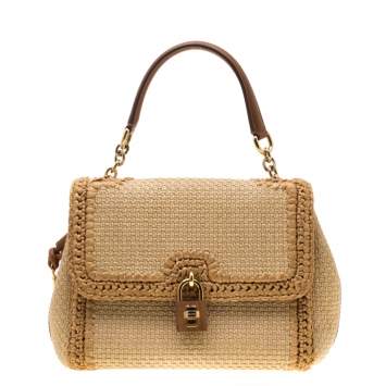 Pre Owned Dolce & Gabbana Beige Raffia and Leather Miss Dolce Top Handle Bag