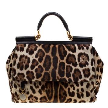 Pre Owned Dolce & Gabbana Beige/Black Leopard Print Calfhair Large Miss Sicily Top Handle Bag 