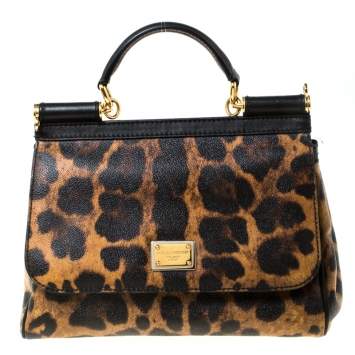 Pre Owned Dolce & Gabbana Leopard Print Leather Medium Miss Sicily Top Handle Bag