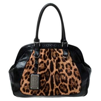Pre Owned Dolce & Gabanna Black/Brown Leopard Print Calfhair and Leather Miss Romantique Satchel