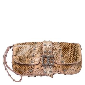 Pre Owned Dolce & Gabbana Peach Python Logo Embellished Wristlet Clutch