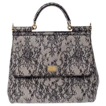 Pre Owned Dolce & Gabbana Grey Lace Print Leather Medium Miss Sicily Top Handle Bag
