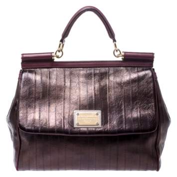 Pre Owned Dolce & Gabbana Metallic Bronze Leather Large Miss Sicily Top Handle Bag