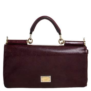 Pre Owned  Dolce and Gabbana Burgundy Leather East West Miss Sicily Leather Top Handle Bag