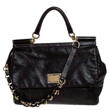 Pre Owned Dolce & Gabbana Dark Brown Leather XL Miss Sicily Top Handle Bag