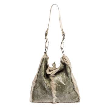 Pre Owned Dolce & Gabbana Green/Beige Fur and Leather Reversible Tote