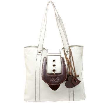 Pre Owned Dolce & Gabbana White/Buckle Leather Buckle Tote