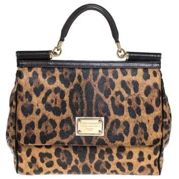 Pre Owned Dolce & Gabbana Brown Leopard Print Coated Canvas Large Miss Sicily Top Handle Bag