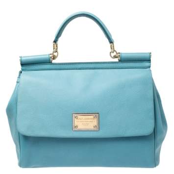 Pre Owned Dolce & Gabbana Aqua Blue Leather Large Miss Sicily Top Handle Bag
