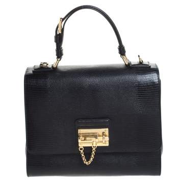 Pre Owned Dolce & Gabbana Black Lizard Embossed Leather Medium Miss Monica Top Handle Bag