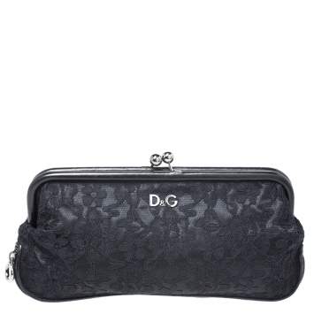Pre Owned Dolce & Gabbana Black Lace Kiss Lock Clutch