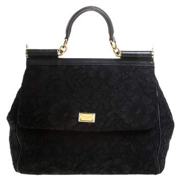 Pre Owned Dolce & Gabbana Black Lace Large Miss Sicily Top Handle Bag