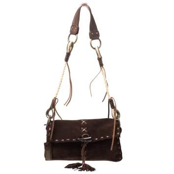 Pre Owned Dolce & Gabbana Dark Brown Suede Flap Shoulder Bag