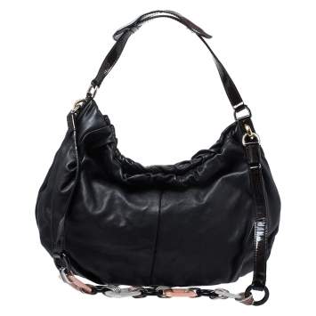 Pre Owned Dolce & Gabbana  Black Leather and Patent Leather Pleated Hobo
