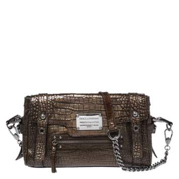 Pre Owned Dolce & Gabbana Brown Croc Embossed Patent Leather Miss Easy Way Shoulder Bag