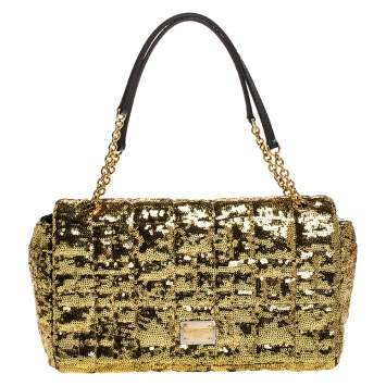 Pre Owned Dolce & Gabbana Metallic Gold Sequins and Python Lining Miss Kate Shoulder Bag