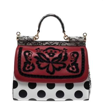 Pre Owned Dolce & Gabbana Black/White Polka Dots Leather Floral Cut Out Medium Miss Sicily Top Handle Bag