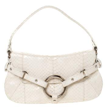 Pre Owned Dolce & Gabbana Off White Python Ring Flap Shoulder Bag