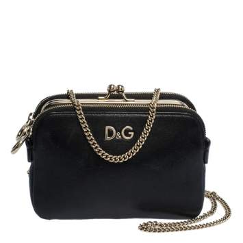 Pre Owned Dolce & Gabbana Black Leather Small Lily Twist Kiss Lock Clutch
