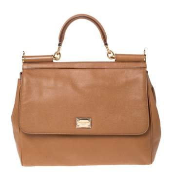Pre Owned Dolce & Gabbana Tan Leather Large Miss Sicily Top Handle Bag