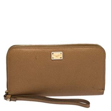 Pre Owned Dolce & Gabbana Tan Leather Strappy Zip Around Wallet