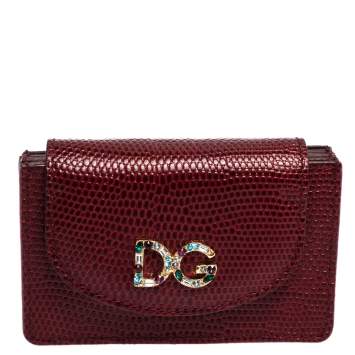 Pre Owned Dolce & Gabbana Red Lizard DG Millennial Flap Card Holder