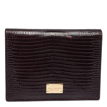 Pre Owned Dolce & Gabbana Dark Brown Lizard Embossed Leather Flap Card Holder