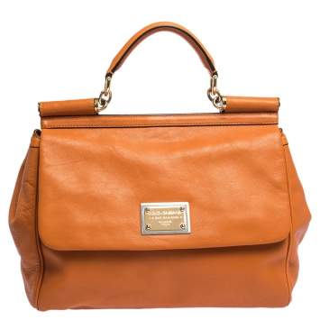 Pre Owned Dolce & Gabbana Orange Leather Large Miss Sicily Top Handle Bag