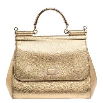 Pre Owned Dolce & Gabbana Metallic Gold Leather Medium Miss Sicily Top Handle Bag