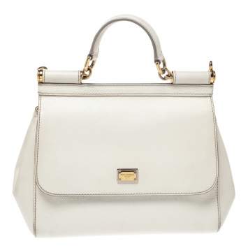 Pre Owned Dolce & Gabbana White Leather Medium Miss Sicily Top Handle Bag