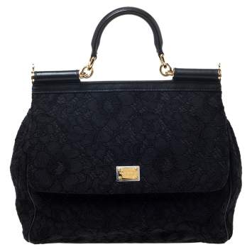 Pre Owned Dolce & Gabbana Black Lace and Leather Miss Sicily Top Handle Bag