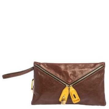 Pre Owned D&G Tan/Yellow Leather Wristlet Clutch