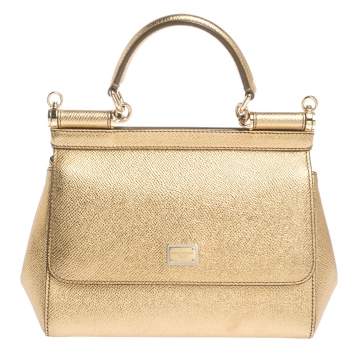 Pre Owned Dolce & Gabbana Gold Leather Small Miss Sicily Top Handle Bag