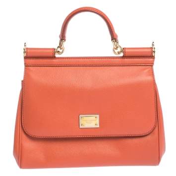Pre Owned Dolce & Gabbana Orange Leather Medium Miss Sicily Top Handle Bag