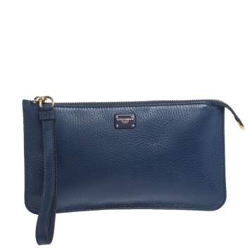Pre Owned Dolce & Gabbana Blue Leather Wristlet Clutch