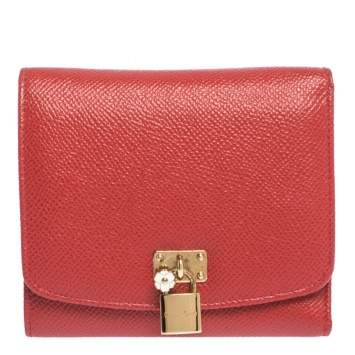 Pre Owned Dolce & Gabbana Red Leather Padlock Trifold Compact Wallet