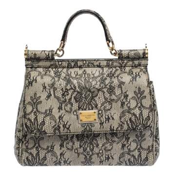 Pre Owned Dolce & Gabbana Black/Ivory Lace Print Leather Medium Miss Sicily Top Handle Bag