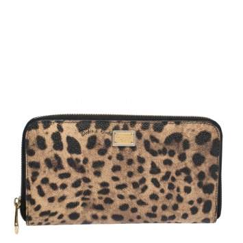 Pre Owned Dolce & Gabbana Leopard Print Coated Canvas Zip Around Wallet