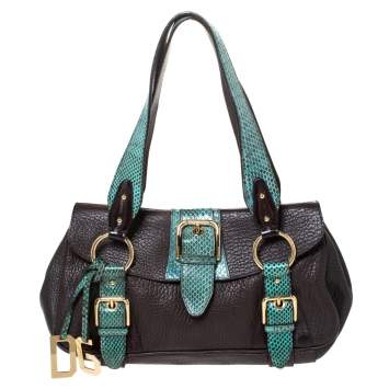 Pre Owned Dolce & Gabbana Brown/Green Leather and Ayers Buckle Flap Satchel