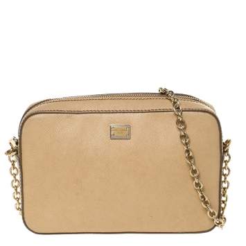 Pre Owned Dolce & Gabbana Beige Leather Glam Crossbody Bag