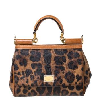 Pre Owned Dolce & Gabbana Brown Leopard Print Coated Canvas and Leather Miss Sicily Top Handle Bag