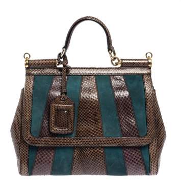 Pre Owned Dolce & Gabbana Brown/Teal Striped Suede and Python Medium Miss Sicily Top Handle Bag