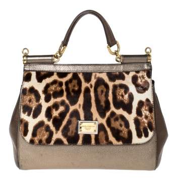 Pre Owned Dolce & Gabbana Metallic Leopard Print Leather and Calfhair Medium Miss Sicily Top Handle Bag