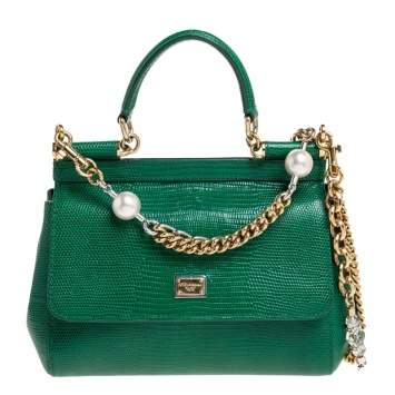 Pre Owned Dolce and Gabbana Green Lizard Embossed Leather Small Miss Sicily Bag
