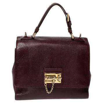 Pre Owned Dolce & Gabbana Burgundy Lizard Embossed Leather Medium Miss Monica Top Handle Bag