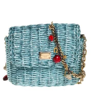 Pre Owned Dolce and Gabbana Metallic Blue Coated Raffia Embellished Chain Shoulder Bag
