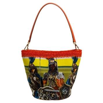 Pre Owned Dolce & Gabbana Multicolor Printed Canvas,Straw and Leather Hobo