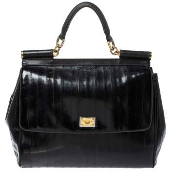Pre Owned Dolce & Gabbana Black Striped Leather Large Miss Sicily Top Handle Bag