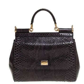 Pre Owned Dolce & Gabbana Dark Grey Python Medium Miss Sicily Top Handle Bag